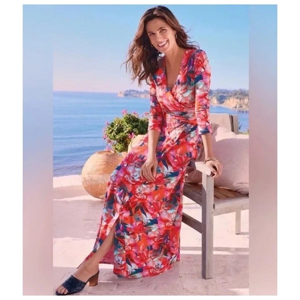 Soft Surroundings Floral Maxi Jardin Dress M Faux Wrap Colorful Resort Romantic
